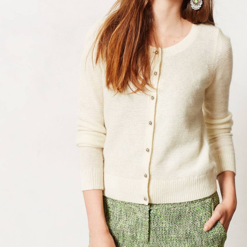 Anthropologie Epoca Cardigan Cropped Ivory Button Front Sweater XSP & MP Petite